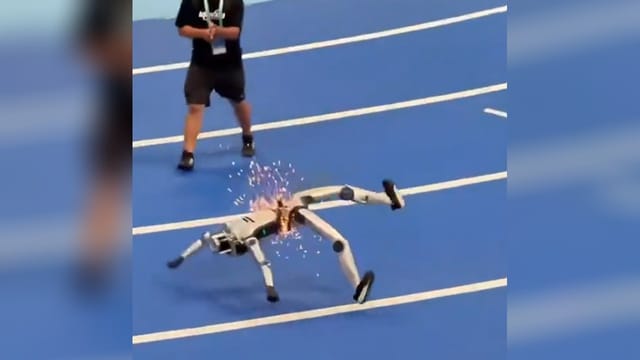 Funkenregen nach Vollgas-Sprint: Roboter kracht in Barriere
